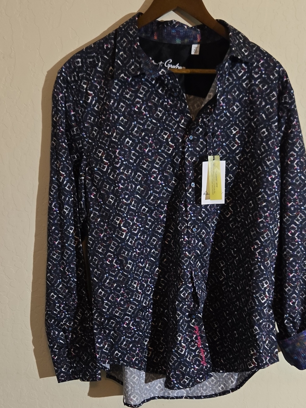 Robert Graham Navy Geometric Print Button-Down Shirt with Pink Accents